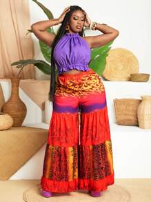 Slaydiva Snake & Leopard Print Off Shoulder Colorblock Vest And Pants Set