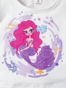 SHEIN Young Girl's Fun & Cute Mermaid Mesh Top With Ruffle Edge Detail And Fish Tail Skirt Set For Summer - Multicolor - View 6