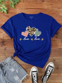 INAWLY Áo thun tay ngắn in chữ Love cỡ lớn cho nữ, áo thun họa tiết, áo mùa hè cho nữ - Xanh đậm - Xem 3