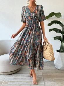 Chiquease Women's Short Sleeve Dress With Paisley Patterned Waist Shirred - Multicolor - View 3