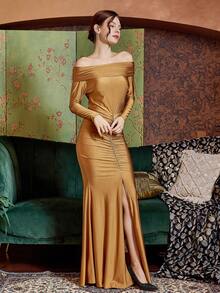 Long Sleeve Slim Fit Evening Party Dress - Brown - View 8