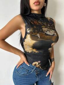 VaVaBold Áo tank top nữ in hình nhân vật hoạt hình, cổ đứng, xếp ly, thích hợp mặc mùa hè. - Nhiều màu - Xem 8