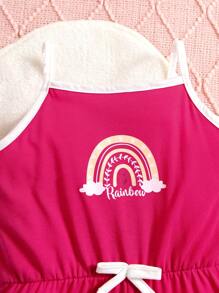 SHEIN 年輕女孩的彩虹印花舒適運動休閒連身褲兩件套裝,夏季