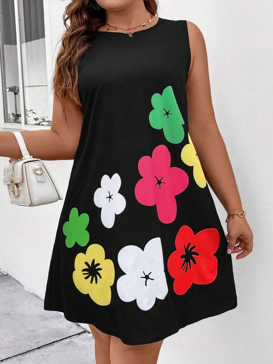 SHEIN Unity Plus Size Floral Pattern Casual Sleeveless Dress For Summer - Black - View 1