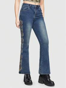 ROMWE Goth Women's Embroidered Flare Jeans - Grey - View 3