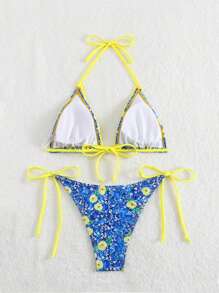 Swim Mod Summer Beach Women's Swimwear Set With Frill Edge Flower Printed Tie Side Halter Bikini Top And Bottom, Two Piece Swimwear - Multicolor - View 2