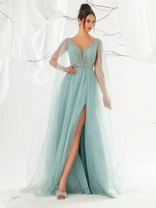 VIPGIRL Vestido largo de noche elegante y formal para mujer con malla con lentejuelas estilo hada, con abertura alta, para graduación, cena - Azul - Ver 3