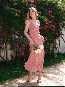 Women's Floral Printed Ruffle Trimmed Dress With Smocking Details, New Arrival For Summer - Pink - View 3