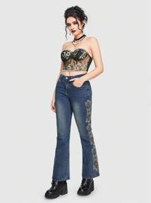 ROMWE Goth Women's Embroidered Flare Jeans - Grey - View 2