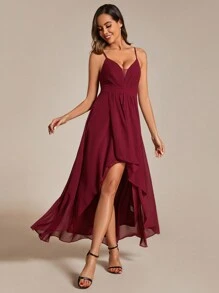EVERPRETTY Deep V-Neck High Low Hem Pleated Chiffon Bridesmaid Cami Dress With Front Ruffle Detail - Burgundy - View 1