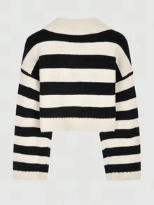 Striped Drop Shoulder Crop Sweater,Long Sleeve Tops - Multicolor - View 3