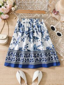 SHEIN 年輕女孩風格的宮廷風藍白瓷印花裙,有精緻的細節設計 - 彩色 - 查看 2