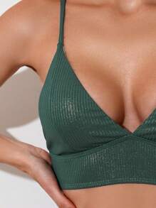 SHEIN Swim Women's Sparkling Ribbed Bikini Set With Spaghetti Straps Summer - Green - View 5