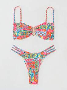 Swim Mod Summer Beach Ladies' Full Print Hollow Out Side Split Two Pieces Bikini Set Carnival - Multicolor - View 4