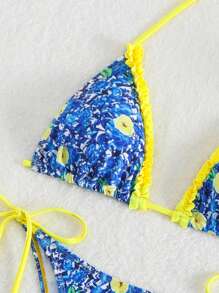 Swim Mod Summer Beach Women's Swimwear Set With Frill Edge Flower Printed Tie Side Halter Bikini Top And Bottom, Two Piece Swimwear - Multicolor - View 3