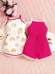 SHEIN 年輕女孩的彩虹印花舒適運動休閒連身褲兩件套裝,夏季