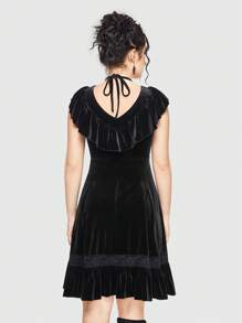 ROMWE Women's Gothic Style Velvet Dress With Ruffled Neckline And Hem - Black - View 3