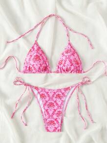 Swim Mod Summer Beach Ladies' Floral Print Halter Neck Bikini Set Valentine - Pink - View 5