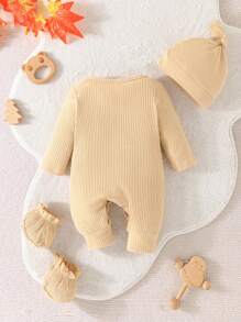 Newborn Baby Girl Cotton Padded Ribbed Printed Long Sleeve Hooded Jumpsuit - Apricot - View 2