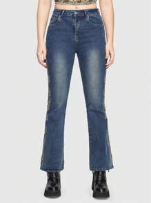 ROMWE Goth Women's Embroidered Flare Jeans - Grey - View 6