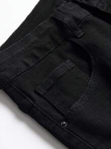 Manfinity Homme Shorts de mezclilla rasgados con cremallera y mosca para hombre en algodón en negro liso, estilo vintage para vacaciones con amigos - Negro - Ver 3