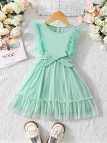 SHEIN Vestido De Niña Joven Verde Menta Con Detalles Delicados De Tul Esponjoso Y A Prueba De Plumas, Adecuado Para Ocasiones Elegantes - verde menta - Ver 1