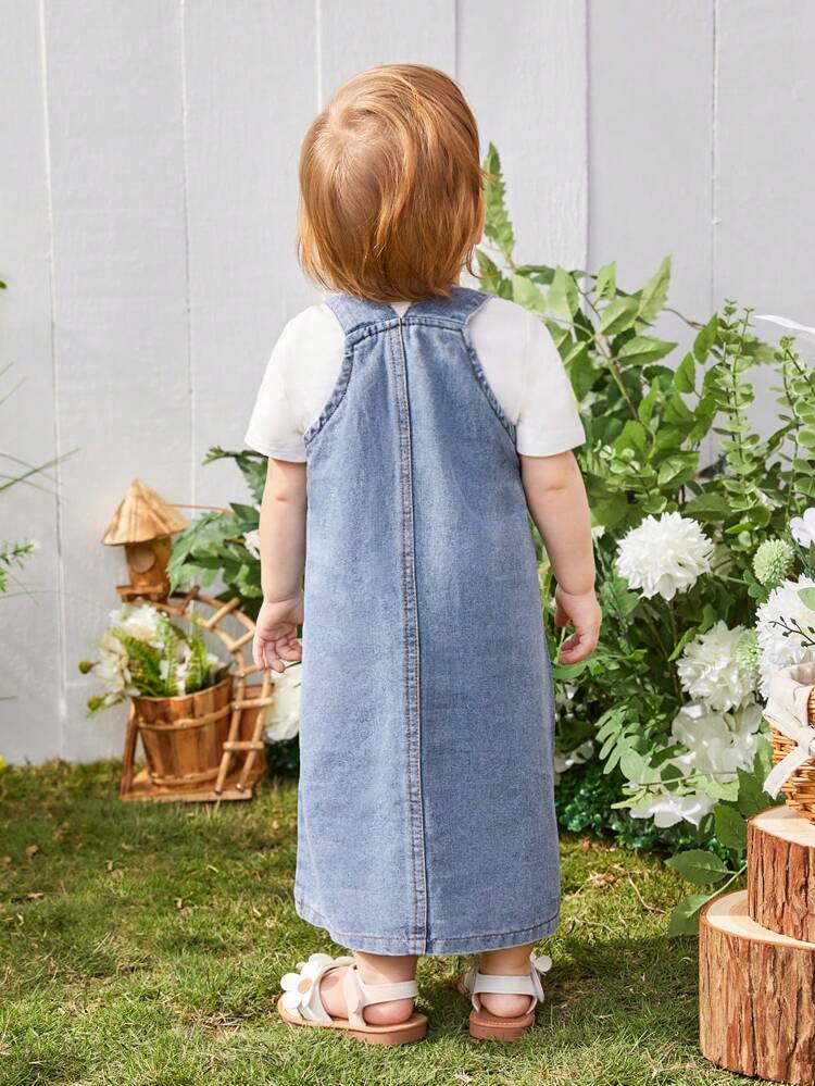 Baby Girl Basic Casual Denim Skirt With Cute Bear Embroidery, Adjustable Button Suspenders