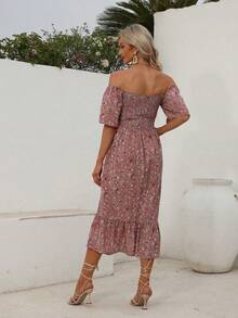 孕妇时尚碎花露肩褶皱连衣裙