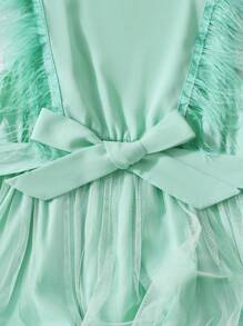 SHEIN Vestido De Niña Joven Verde Menta Con Detalles Delicados De Tul Esponjoso Y A Prueba De Plumas, Adecuado Para Ocasiones Elegantes - verde menta - Ver 3
