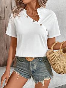 SHEIN LUNE Camiseta De Mujer De Manga Corta Con Diseño De Botones - Blanco - Ver 3