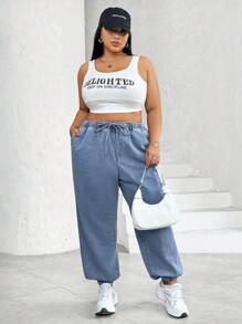 SHEIN CURVE+ 加大尺寸女性高腰彈性束口洗水運動牛仔褲 - 黑色 - 查看 5