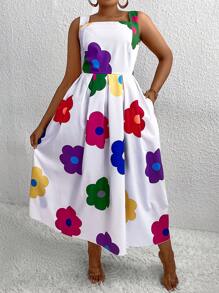 Maweii 加大码无袖花卉印花连衣裙，配有隐藏式口袋，超长女装 - 彩色 - 查看 3