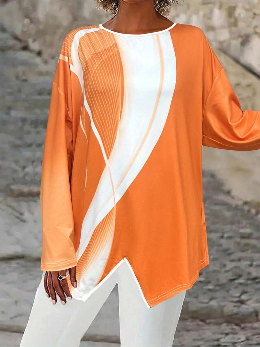 EMERY ROSE Plus Size Round Neck Long Sleeve T-Shirt With Split Hem - Multicolor - View 1