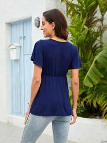 Maternity Cross V-Neck Ruffled Short Sleeve Fashion T-Shirt - Navy Blue - View 2
