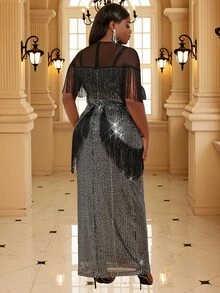 Round Neck Black Base Silver Sequined Fringe Party Dress, Designed For Formal Events - Black - View 2