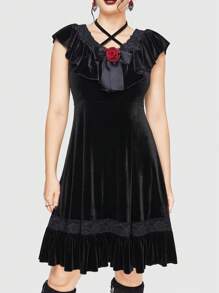 ROMWE Women's Gothic Style Velvet Dress With Ruffled Neckline And Hem - Black - View 4