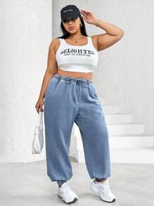 SHEIN CURVE+ 加大尺寸女性高腰彈性束口洗水運動牛仔褲 - 黑色 - 查看 4