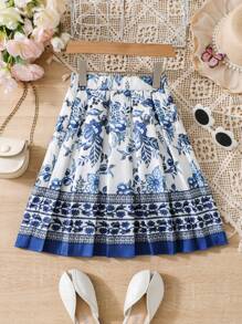 SHEIN 年輕女孩風格的宮廷風藍白瓷印花裙,有精緻的細節設計 - 彩色 - 查看 1