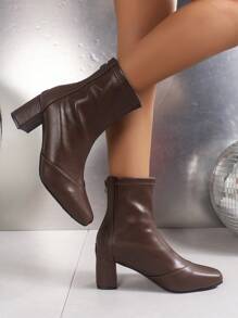 Women's Fashionable Coffee Colored Chunky Heel Slim Fit Ankle Boots, Versatile, Autumn And Winter New Style