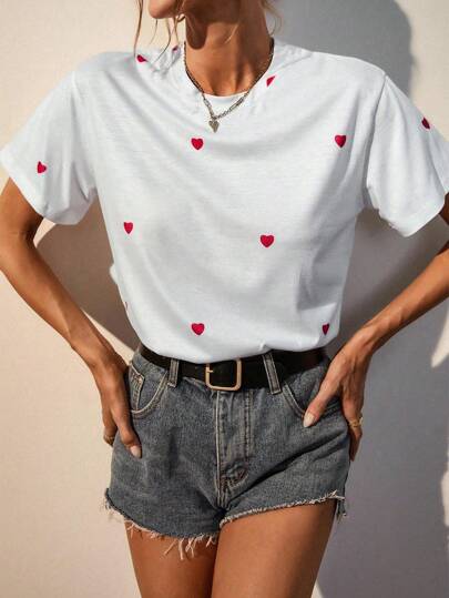 EMERY ROSE Tricou urban casual cu model de inimă, croială lejeră, mânecă scurtă, guler rotund