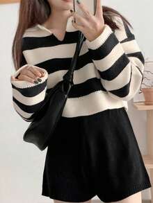 Striped Drop Shoulder Crop Sweater,Long Sleeve Tops - Multicolor - View 6
