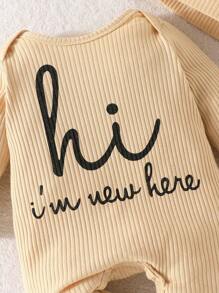 Newborn Baby Girl Cotton Padded Ribbed Printed Long Sleeve Hooded Jumpsuit - Apricot - View 7