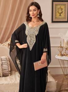 Sequin Embroidered Floral Trim Round Neck Batwing Sleeve Long Robe - Black - View 5
