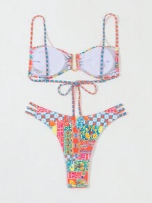 Swim Mod Summer Beach Ladies' Full Print Hollow Out Side Split Two Pieces Bikini Set Carnival - Multicolor - View 2
