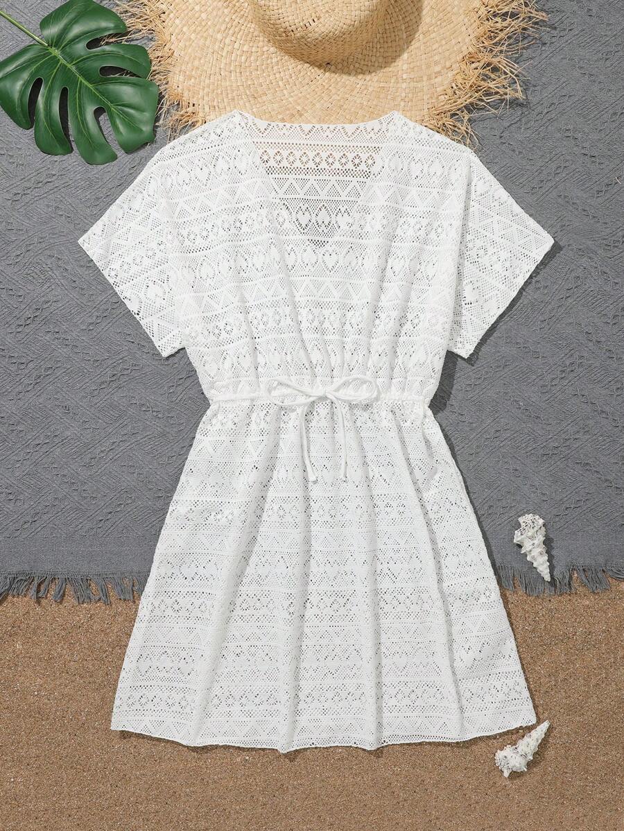 1pc Teen Girl Ivory Belted Hollow Heart Applique Drawstring Waist Maxi Dress, Mommy And Me Matching Outfits (2pcs Sold Separately)