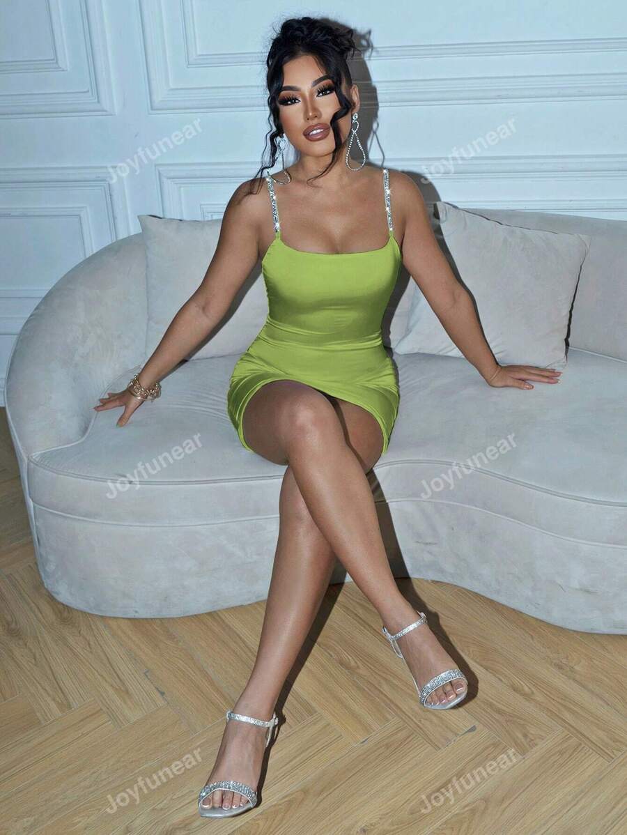 Joyfunear Women's Solid Color Glitter Rhinestone Slip Dress SHEIN ASIA