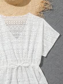 1pc Teen Girl Ivory Belted Hollow Heart Applique Drawstring Waist Maxi Dress, Mommy And Me Matching Outfits (2pcs Sold Separately)