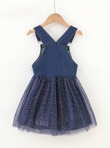 SHEIN 年輕女孩印染拼接牛仔裙配閃亮蕾絲裙，春夏季