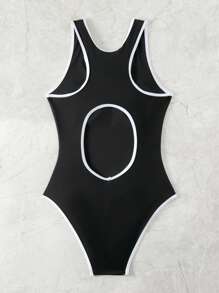 SHEIN Swim 女露背鏤空裝飾連身泳衣嘉年華 - 黑與白 - 查看 4
