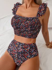 SHEIN Swim 夏季沙灘女性花卉印花荷葉邊Cami比基尼套裝及Tankini套裝